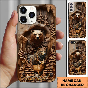 Maxcorners Wildlife Animals Wooden Carving Bear Wolf Deer Forest Multiple Options Personalized Name Phone Case