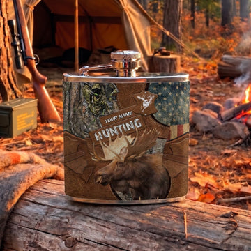 Maxcorners Deer Hunting Rustic Hunting Badge and Woodland Scene Multiple Options Personalized Name 3D Hip Flask