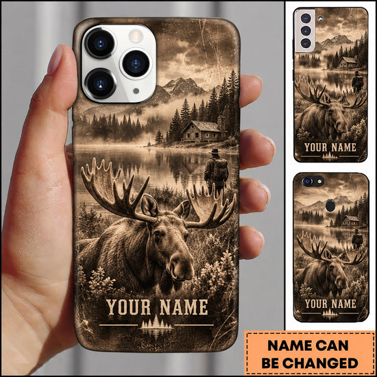 Maxcorners Moose Hunting Sepia Mountain Lake Wilderness Personalized Name 3D Phone Case