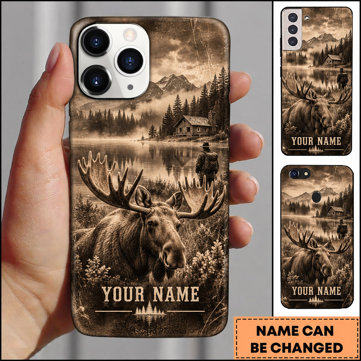Maxcorners Moose Hunting Sepia Mountain Lake Wilderness Personalized Name 3D Phone Case