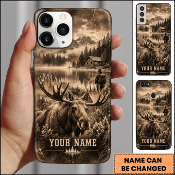 Maxcorners Moose Hunting Sepia Mountain Lake Wilderness Personalized Name 3D Phone Case