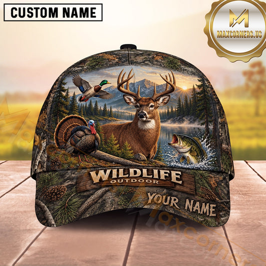 Maxcorners Mountain Lake Deer Duck Turkey Bass Wildlife Outdoor Hunting Multicolor Options Personalized Name 3D Cap