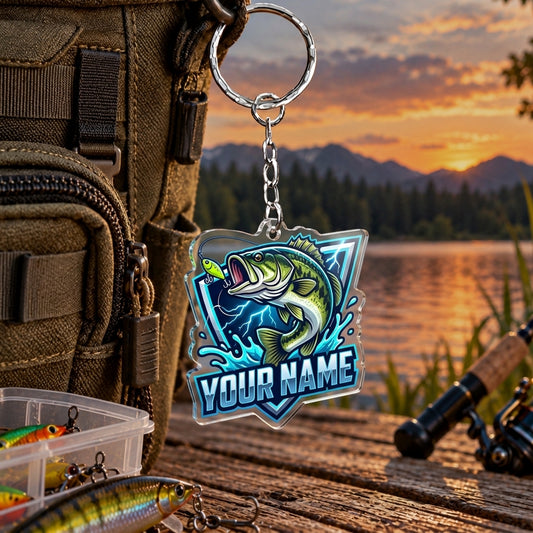 Maxcorners Bold Blue Sport Fishing Artwork Personalized Name 2D Acrylic Keychain Ornament (8 Fish Species)