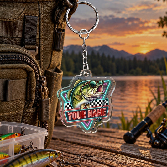 Maxcorners Neon Fishing Emblem Personalized Name 2D Acrylic Keychain Ornament (8 Fish Species)
