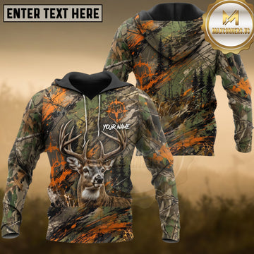 Maxcorners Deer Hunting Orange Camo Whitetail Buck Grunge Forest Multiple Options Personalized Name 3D Hoodie