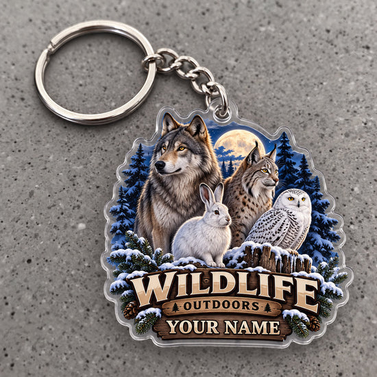 Maxcorners Wildlife Outdoors Wolf Lynx Owl Mountain Scene Custom Name Trap Hunting Custom Gift 2D Flat Acrylic Ornament, Keychain