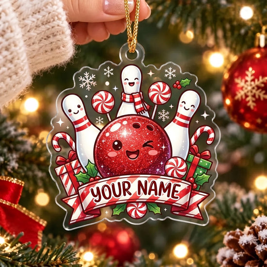 Maxcorners Bowling Red Bowling Ball Candy Cane Christmas Personalized Name Christmas Ornament