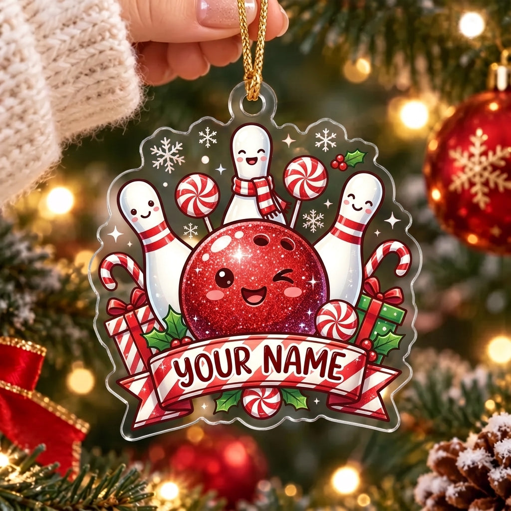 Maxcorners Bowling Red Bowling Ball Candy Cane Christmas Personalized Name Christmas Ornament