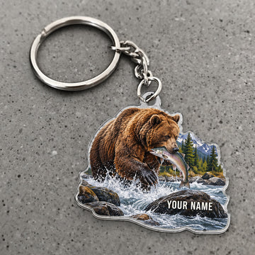 Maxcorners Brown Bear Fishing River Scene Custom Name Hunting Custom Gift 2D Flat Acrylic Ornament, Keychain