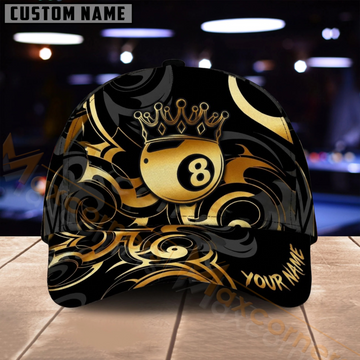 Maxcorners Billiards 8 Ball Royal Crown Black Gold Swirl Multiple Options Personalized Name 3D Cap