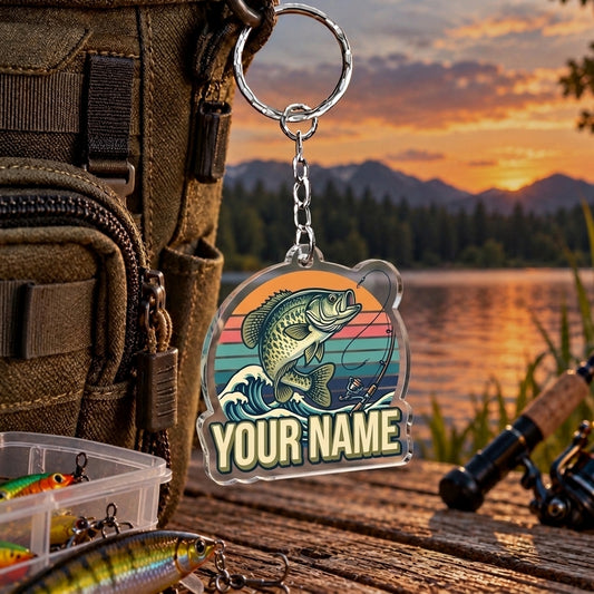 Maxcorners Retro Sunset Stripes Fishing Artwork Personalized Name 2D Acrylic Keychain Ornament (8 Fish Species)