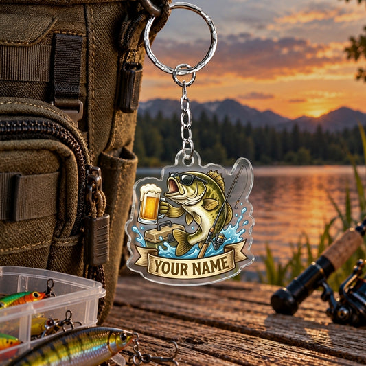 Maxcorners Vintage Beer Mug Fishing Artwork Personalized Name 2D Acrylic Keychain Ornament (8 Fish Species)