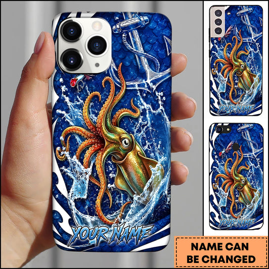 Maxcorners Personalized Colorful Squid Phone Case with Deep Blue Fish Scales, Ocean Splash, Anchor, Fishing Lure and Custom Name