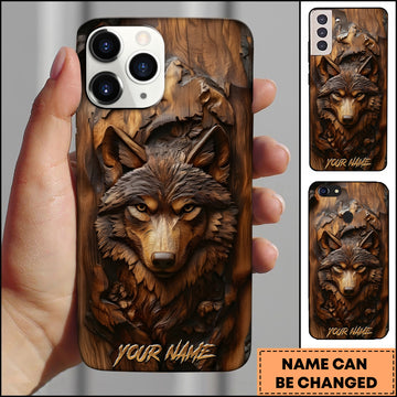Maxcorners Wolf Wildlife Wooden Carving Rustic Forest Multiple Options Personalized Name Phone Case