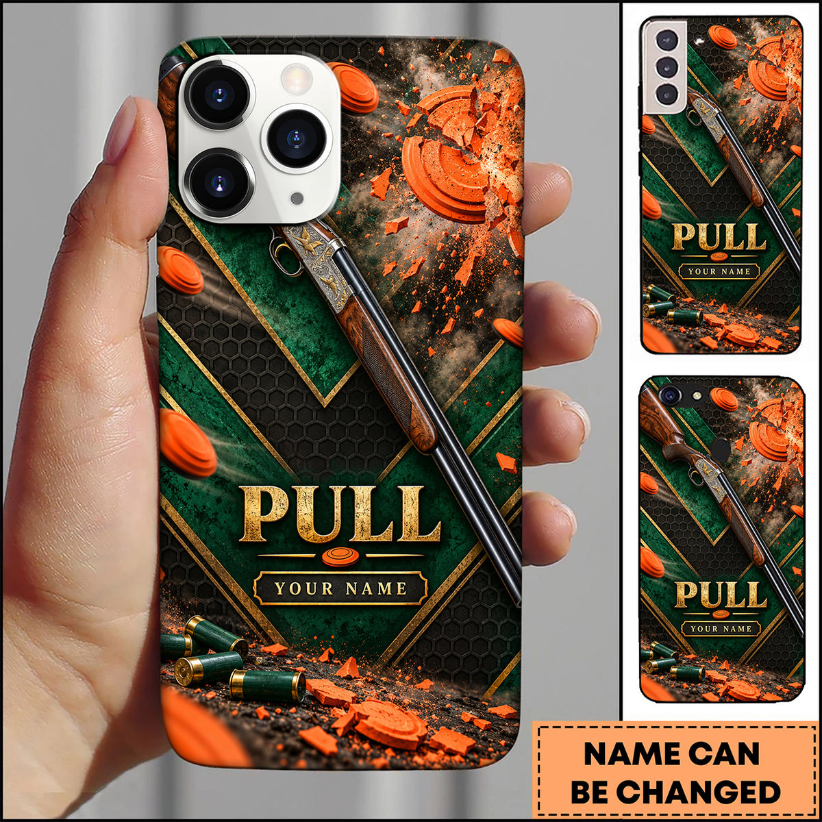 Maxcorners Trap Shooting Shotgun Green Orange Forest Grunge Personalized Name 3D Phone Case