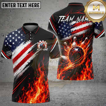 Maxcorners Bowling American Flag Flaming Ball Multiple Options Personalized Name, Team Name 3D Shirt