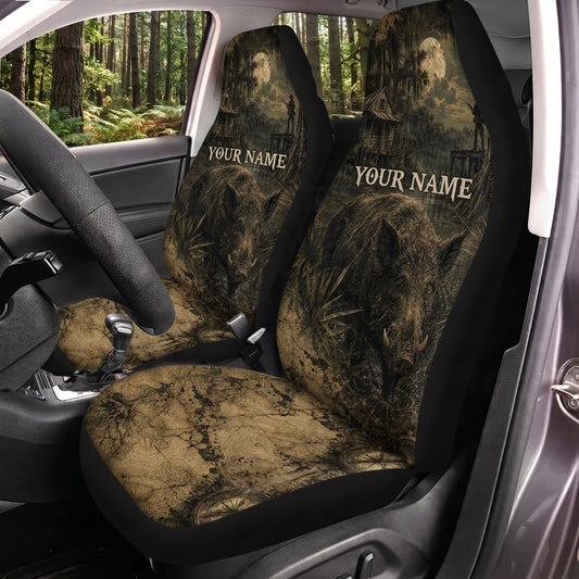 Maxcorners Deer Hunting Dark Sepia Woodland Personalized Name Car Seat Covers