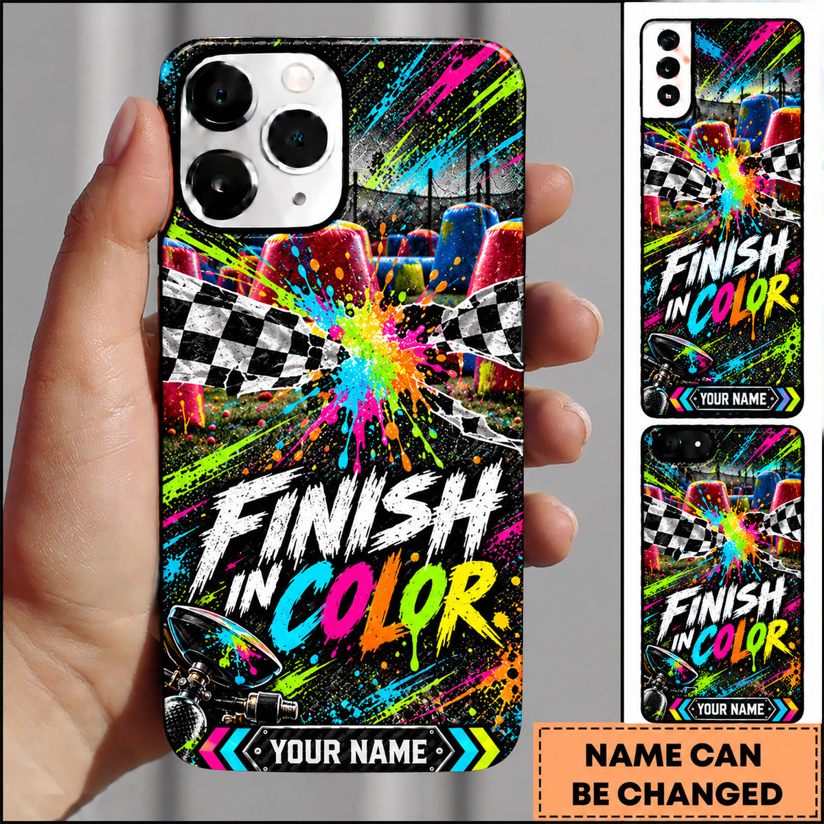 Maxcorners Paintball Finish In Color Checkered Flag Personalized Name 3D Phone Case