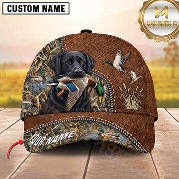 Maxcorners Rustic Brown Leather Waterfowl Duck Hunting Dog Cap, Multiple Breeds Personalized Name 3D Cap