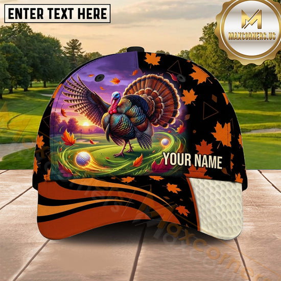 Maxcorners Golf Thanksgiving Turkey Autumn Sunset Personalized Name 3D Cap