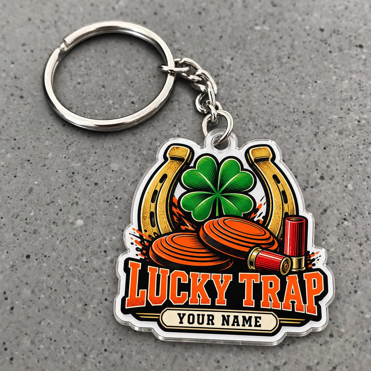 Maxcorners Trap Shooting Lucky Trap Horseshoe Clover Clay Target Custom Name Custom Gift 2D Flat Acrylic Ornament, Keychain
