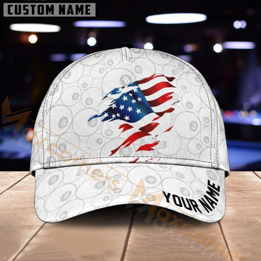 Maxcorners Billiards 8 Ball American Flag White Pattern Multiple Options Personalized Name 3D Cap