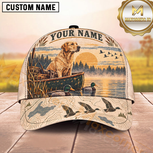 Maxcorners Duck Hunting Hunting Dog Boat Wetland Ducks Sunset Scene Multiple Options Personalized Name 3D Cap