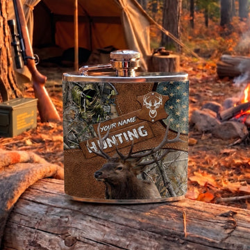 Maxcorners Deer Hunting Rustic Hunting Badge and American Flag Multiple Options Personalized Name 3D Hip Flask