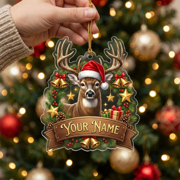 Maxcorners Whitetail Buck Santa Hat Woodland Christmas Personalized Name Christmas Ornament