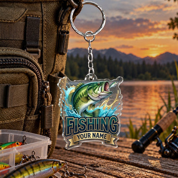 Maxcorners Bold Fishing Typography Artwork Personalized Name 2D Acrylic Keychain Ornament (8 Fish Species)