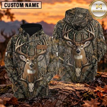 Maxcorners Trophy Buck Antler Skull Woodland Camo Personalized Name 3D Hoodie