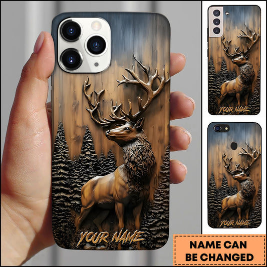Maxcorners Elk Wildlife Wooden Carving Forest Antlers Multiple Options Personalized Name Phone Case
