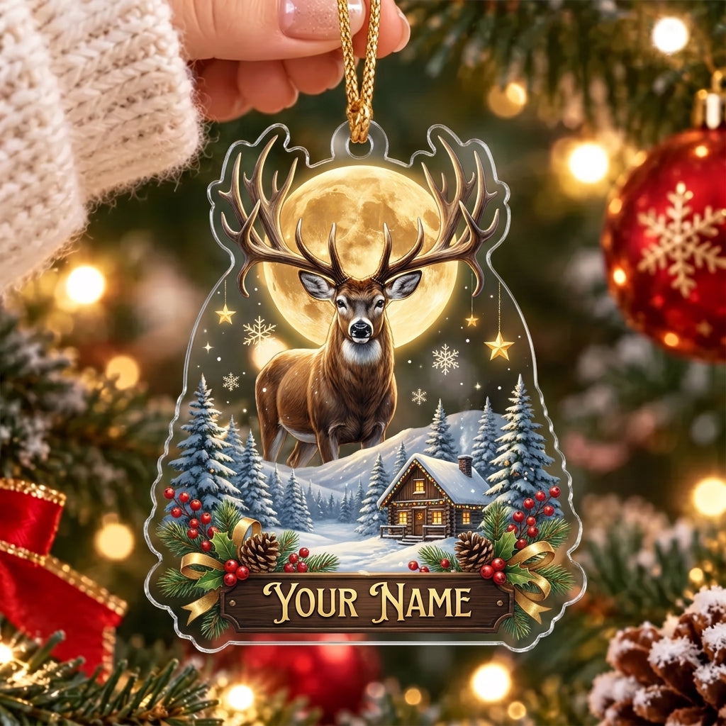 Maxcorners Whitetail Deer Winter Cabin Landscape Personalized Name Christmas Ornament