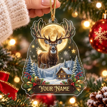 Maxcorners Whitetail Deer Winter Cabin Landscape Personalized Name Christmas Ornament
