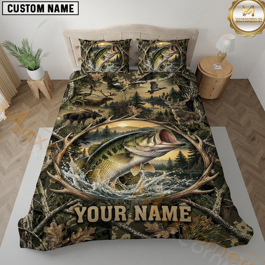 Maxcorners Bass Fishing Trophy Fish Forest Camouflage Artwork Multiple Options Personalized Name 3D Printed Bedding Set