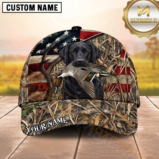 Maxcorners Patriotic American Flag Woodland Camo Duck Hunting Dog Cap, Multiple Breeds Personalized Name 3D Cap