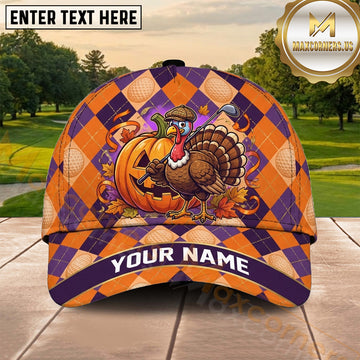Maxcorners Golf Thanksgiving Turkey Purple Orange Argyle Personalized Name 3D Cap