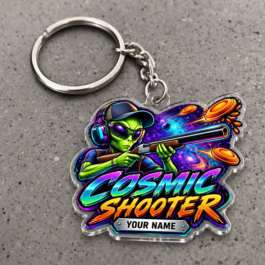 Maxcorners Cosmic Shooter Alien Clay Target Artwork Custom Name Trap Shooting Custom Gift 2D Flat Acrylic Ornament, Keychain