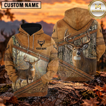 Maxcorners Whitetail Deer Hunting Rustic Leather Camo Personalized Name 3D Hoodie