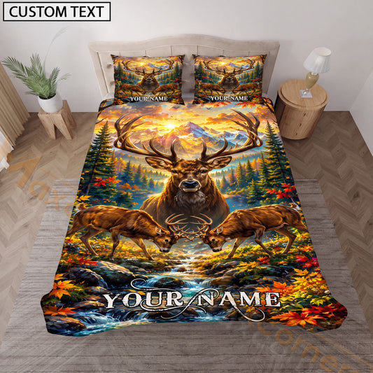 Maxcorners Custom Name Deer Hunting Bedding Set, Colorful Autumn Mountain Buck Bedding, Personalized Wildlife Hunter Gift for Hunter