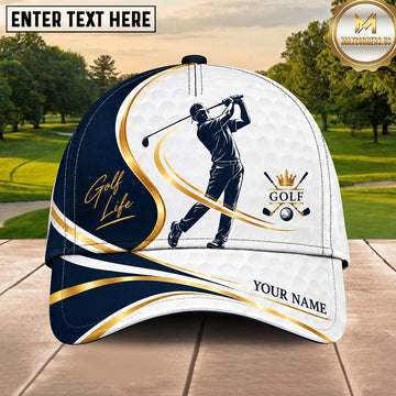 Maxcorners Golf Player Silhouette Luxury Gold Wave Design Multiple Options Personalized Name 3D Cap