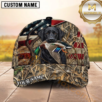 Maxcorners Patriotic American Flag Woodland Camo Duck Hunting Dog Cap, Multiple Breeds Personalized Name 3D Cap