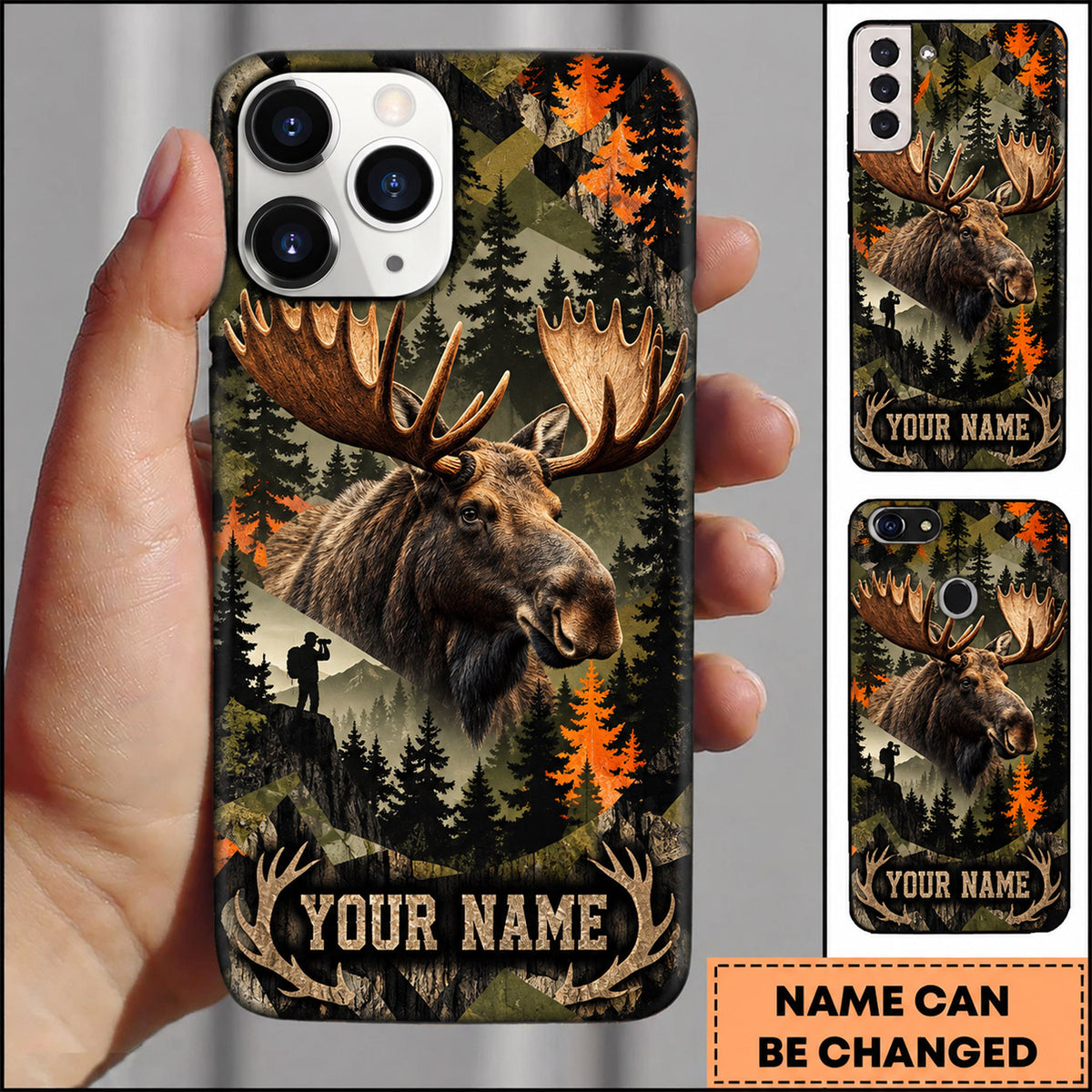 Maxcorners Moose Hunting Autumn Forest Silhouette Scene Personalized Name 3D Phone Case