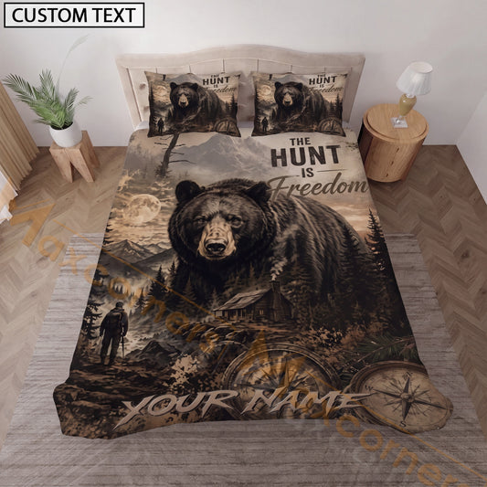 Maxcorners Personalized Black Bear Hunting Bedding Set, Custom Name Hunt Is Freedom Rustic Bear Bedding, Hunter Gift for Hunter
