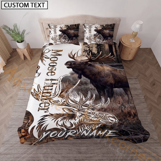 Maxcorners Personalized Moose Hunting Bedding Set, Custom Name Bull Moose Forest Bedding, Rustic Wildlife Hunting Gift for Hunter