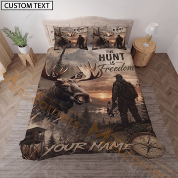 Maxcorners Personalized Moose Hunter Bedding Set, Custom Name Hunt Is Freedom Wilderness Bedding, Big Game Hunting Gift for Hunter