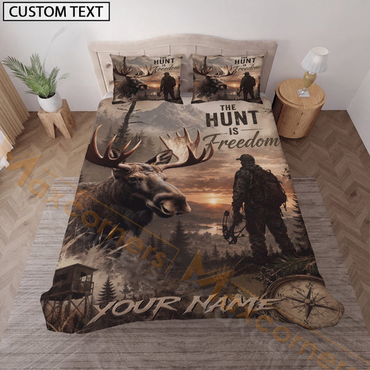 Maxcorners Personalized Moose Hunter Bedding Set, Custom Name Hunt Is Freedom Wilderness Bedding, Big Game Hunting Gift for Hunter