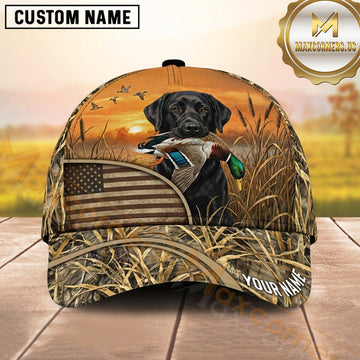 Maxcorners Golden Sunset American Flag Duck Hunting With Dogs Multi Options Personalized Name 3D Cap