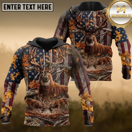 Maxcorners Deer Hunting American Flag Whitetail Buck Autumn Forest Multiple Options Personalized Name 3D Hoodie