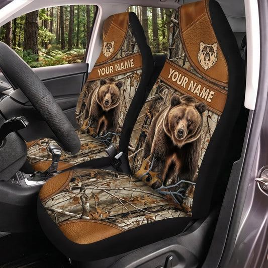 Maxcorners Bear Hunting Brown Leather Woodland Personalized Name Car Seat Covers